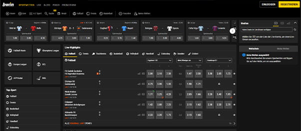 Das Sportwetten Angebot auf der bwin Webseite